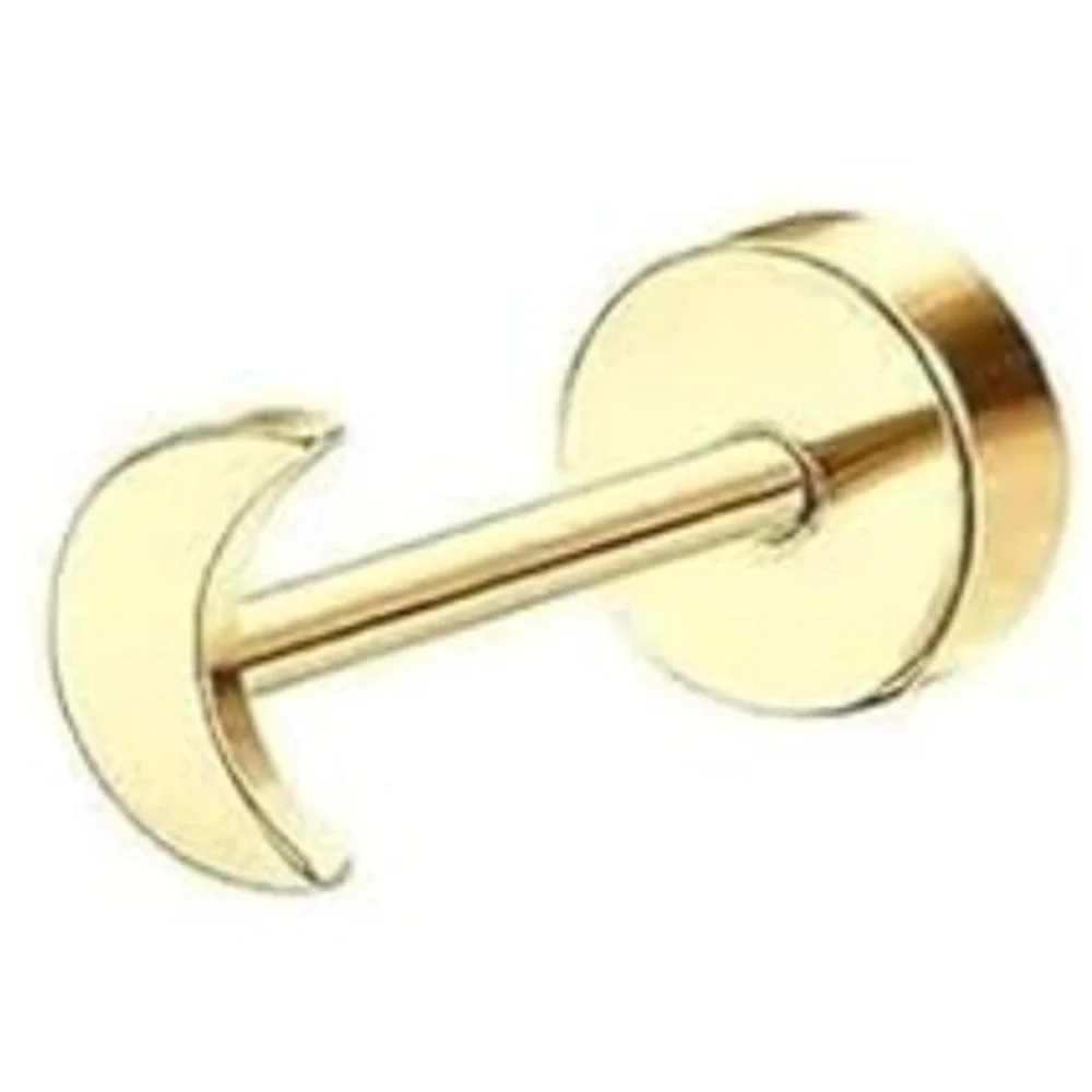Gold Tone Crescent Moon Flat Back Single Stud Earring  Tragus Helix‎ Piercing